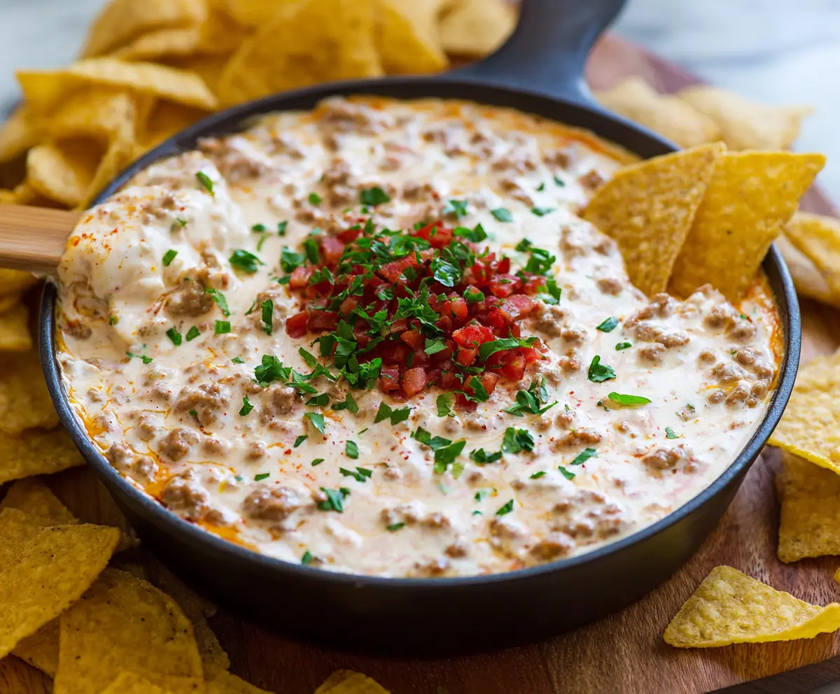 Delicious Cream Cheese Sausage Dip served with fresh vegetables and chips
