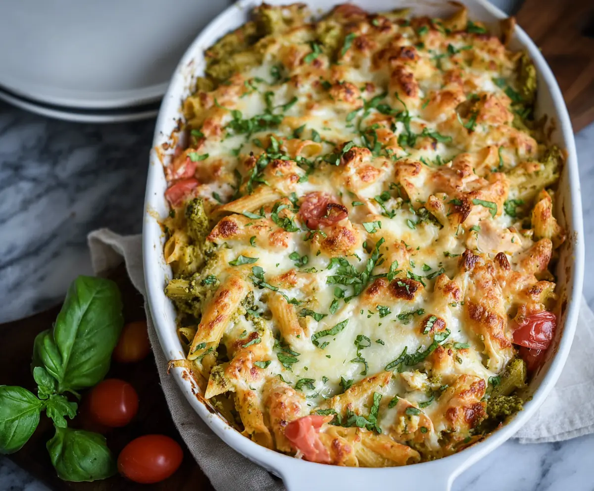 Delicious creamy basil pesto chicken pasta bake garnished with fresh basil leaves.