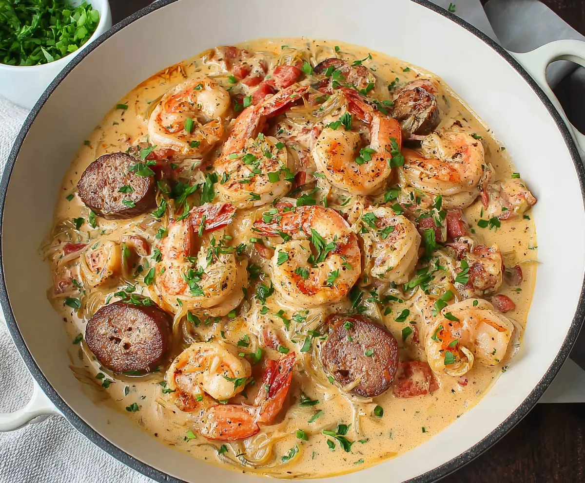 Delicious creamy Cajun shrimp and sausage dish garnished with herbs on a plate.