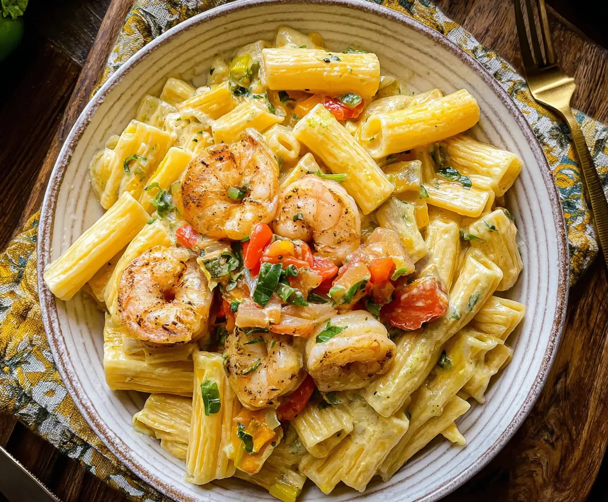 Creamy Jamaican Shrimp Rasta Pasta served on a plate with colorful vegetables and herbs.