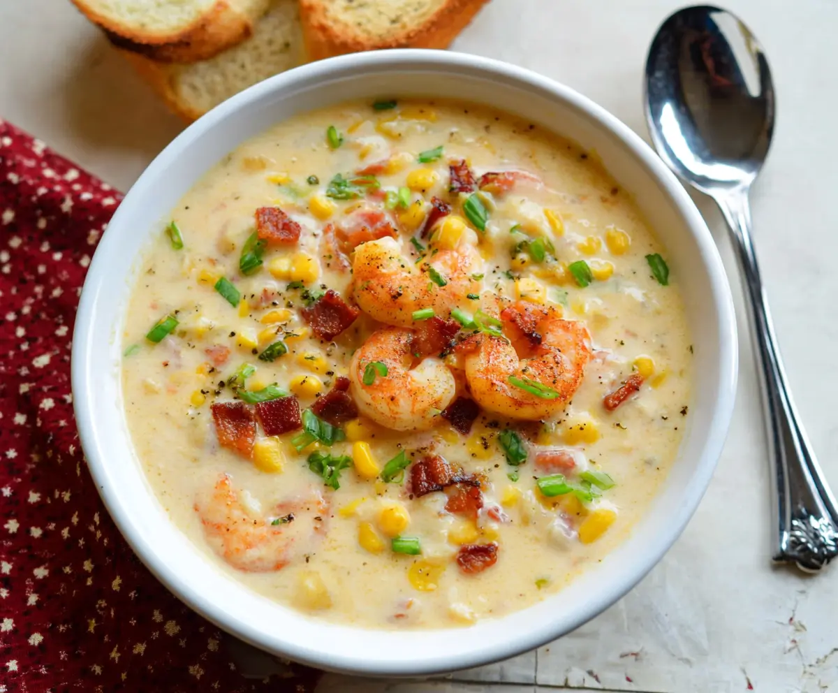 Delicious creamy shrimp and corn chowder in a bowl garnished with fresh herbs.
