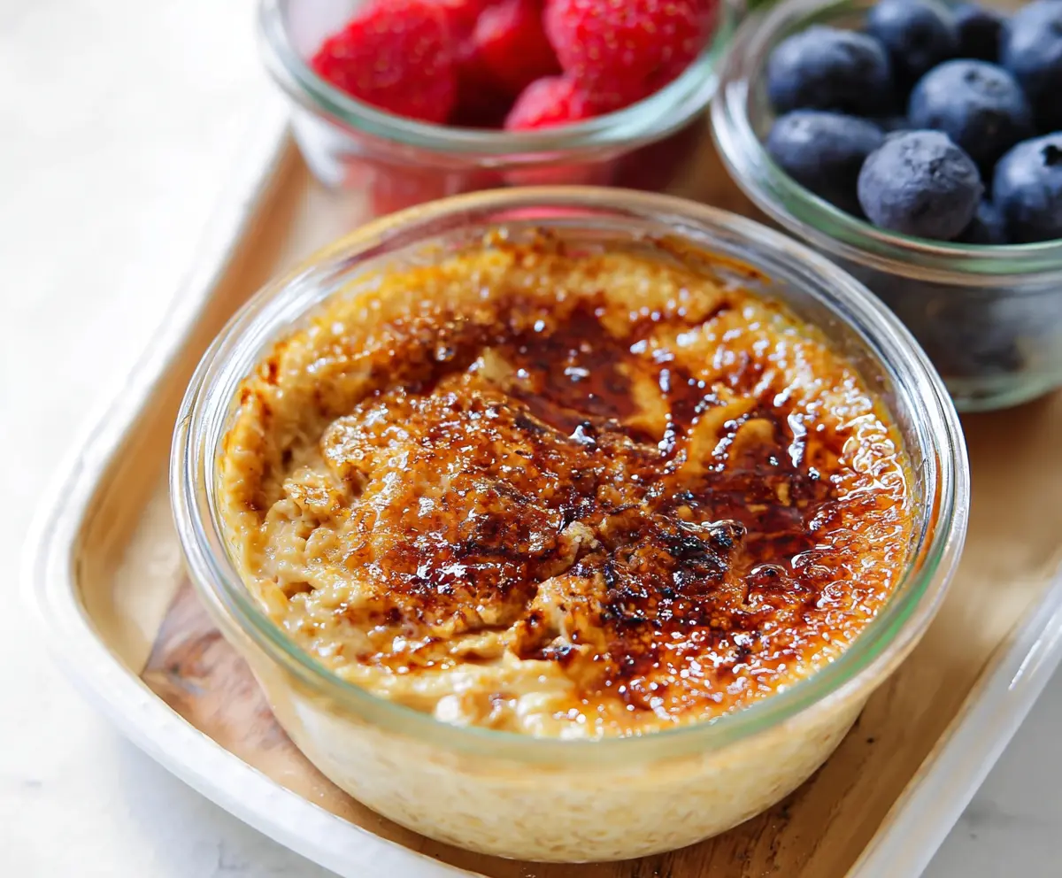 Creamy Crème Brûlée Overnight Oats topped with caramelized sugar and fresh berries.
