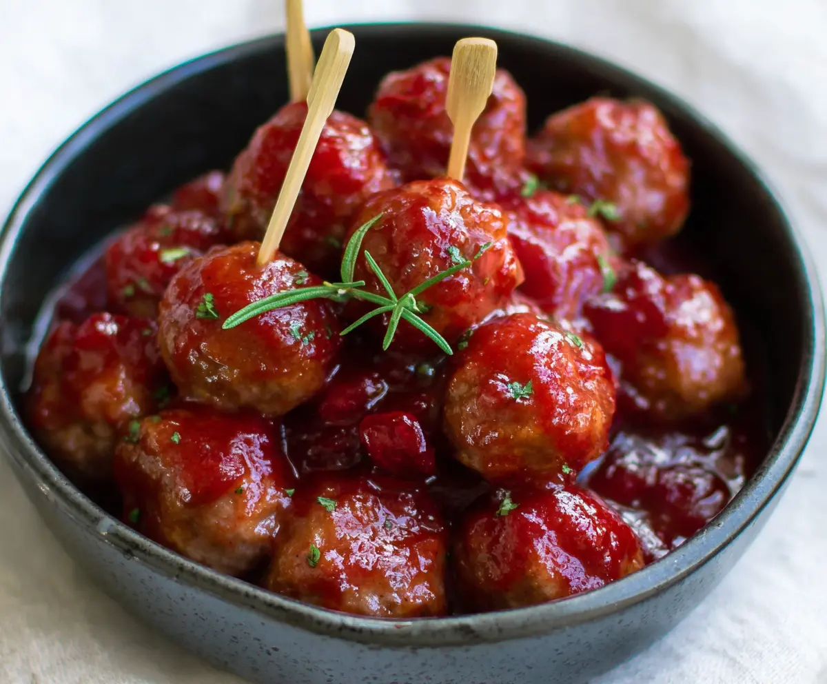 Savory Crockpot Cranberry Meatballs served in a bowl, perfect for holiday appetizers.