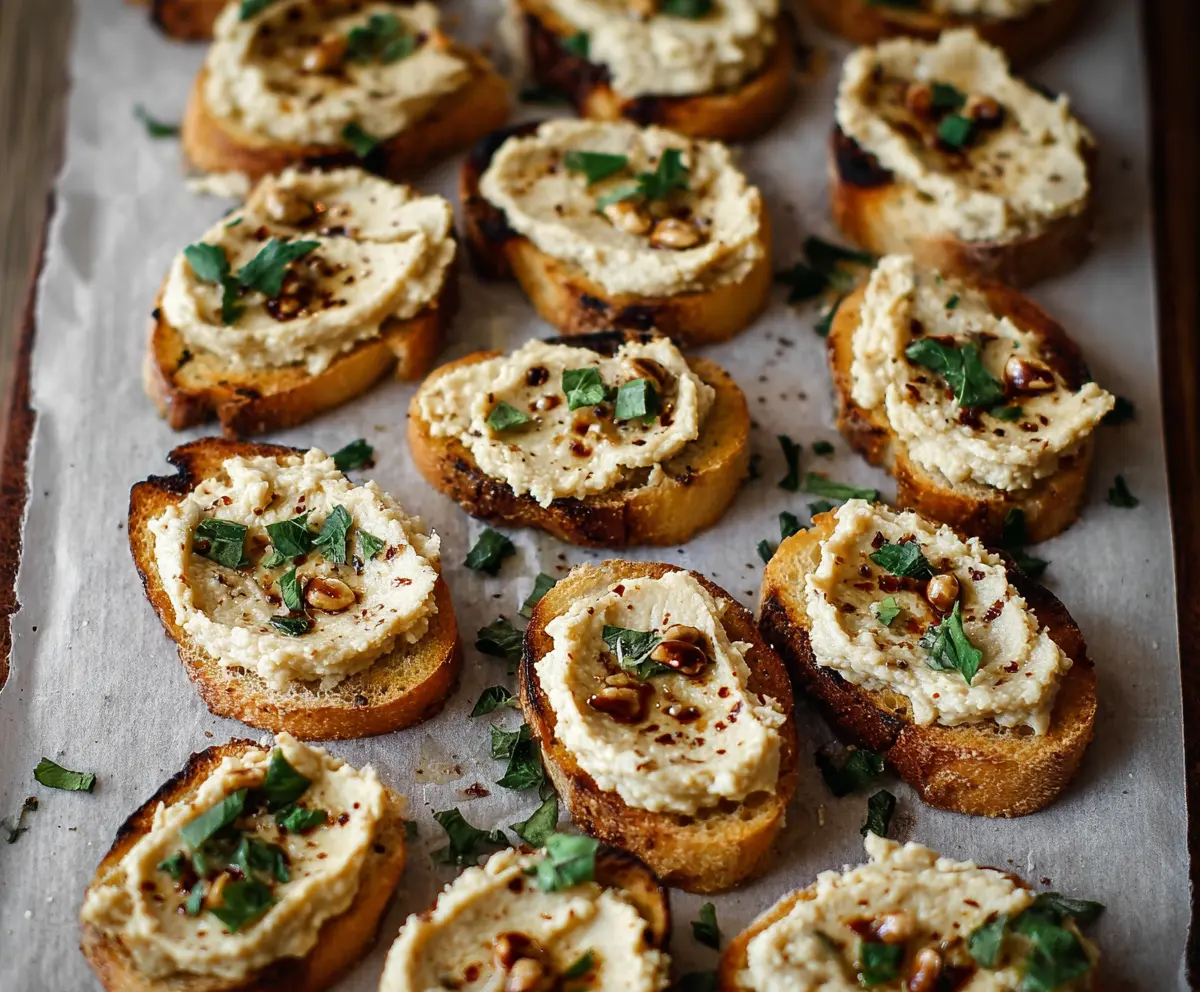 Delicious crostini topped with creamy white bean spread and fresh herbs