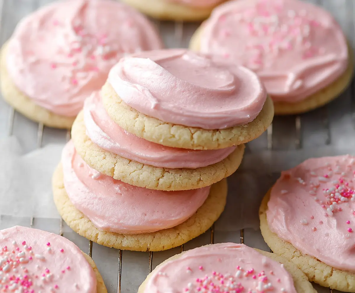 Delicious Crumbl Pink Chilled Sugar Cookies with vibrant pink frosting and sprinkle toppings.