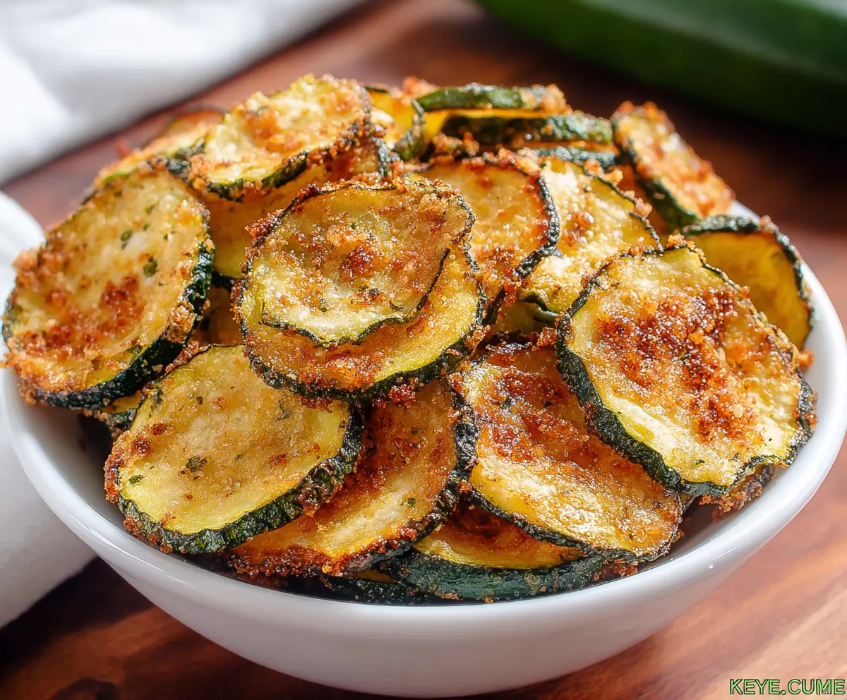 Crispy baked zucchini chips on a white plate, garnished with herbs, perfect as a healthy snack.