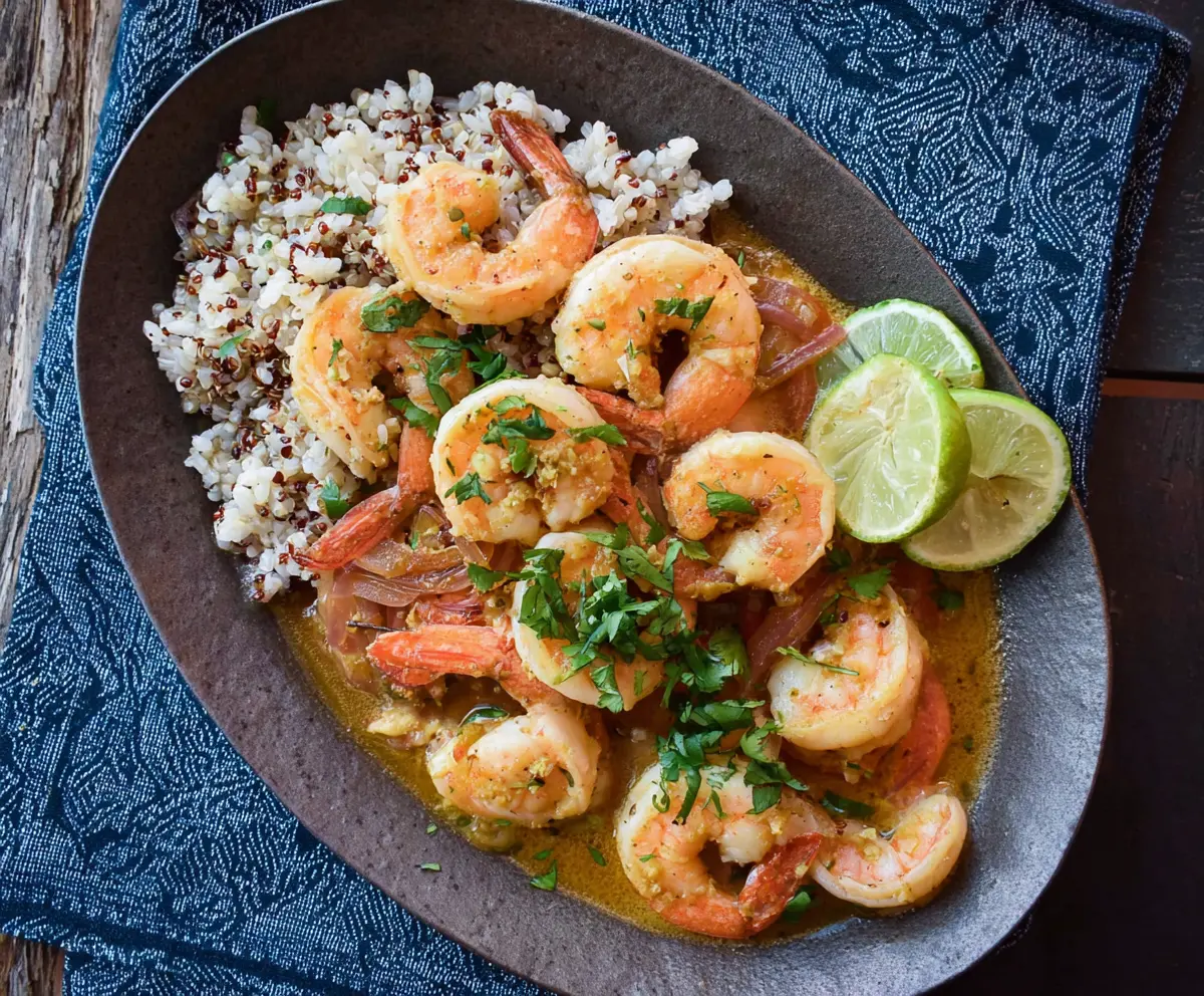 Juicy Cuban Mojo Shrimp served with fresh herbs and lemon slices, perfect for a flavorful seafood meal.