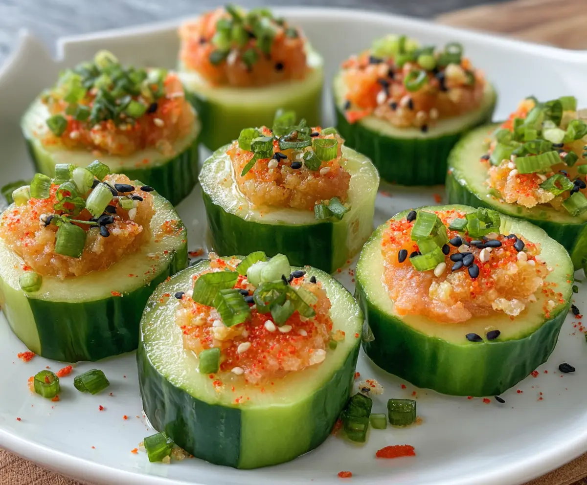 Delicious cucumber sushi bites with fresh ingredients and vibrant presentation.