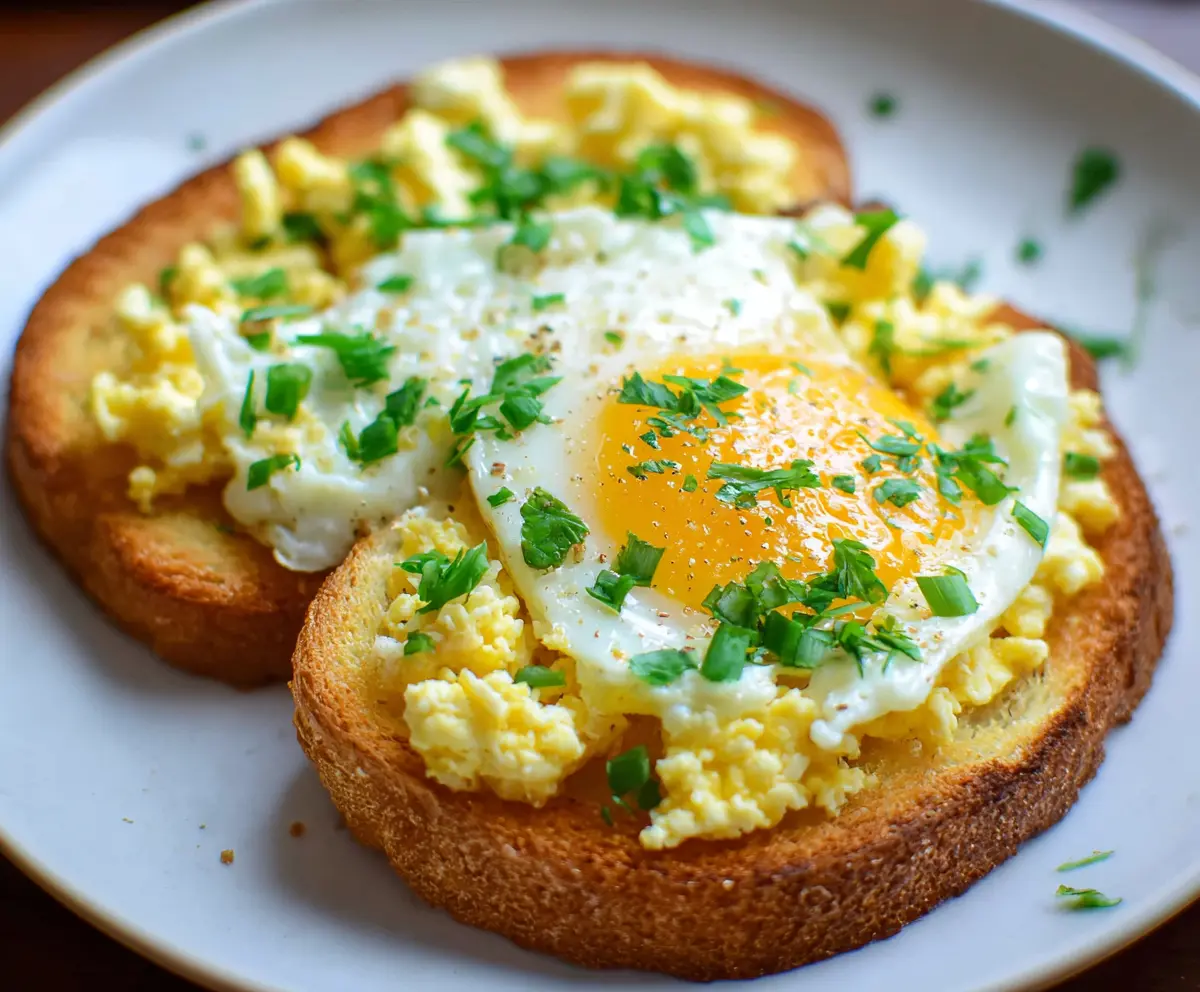 Delicious egg toast topped with freshly cracked eggs and toasted bread, ready to serve as a hearty breakfast.