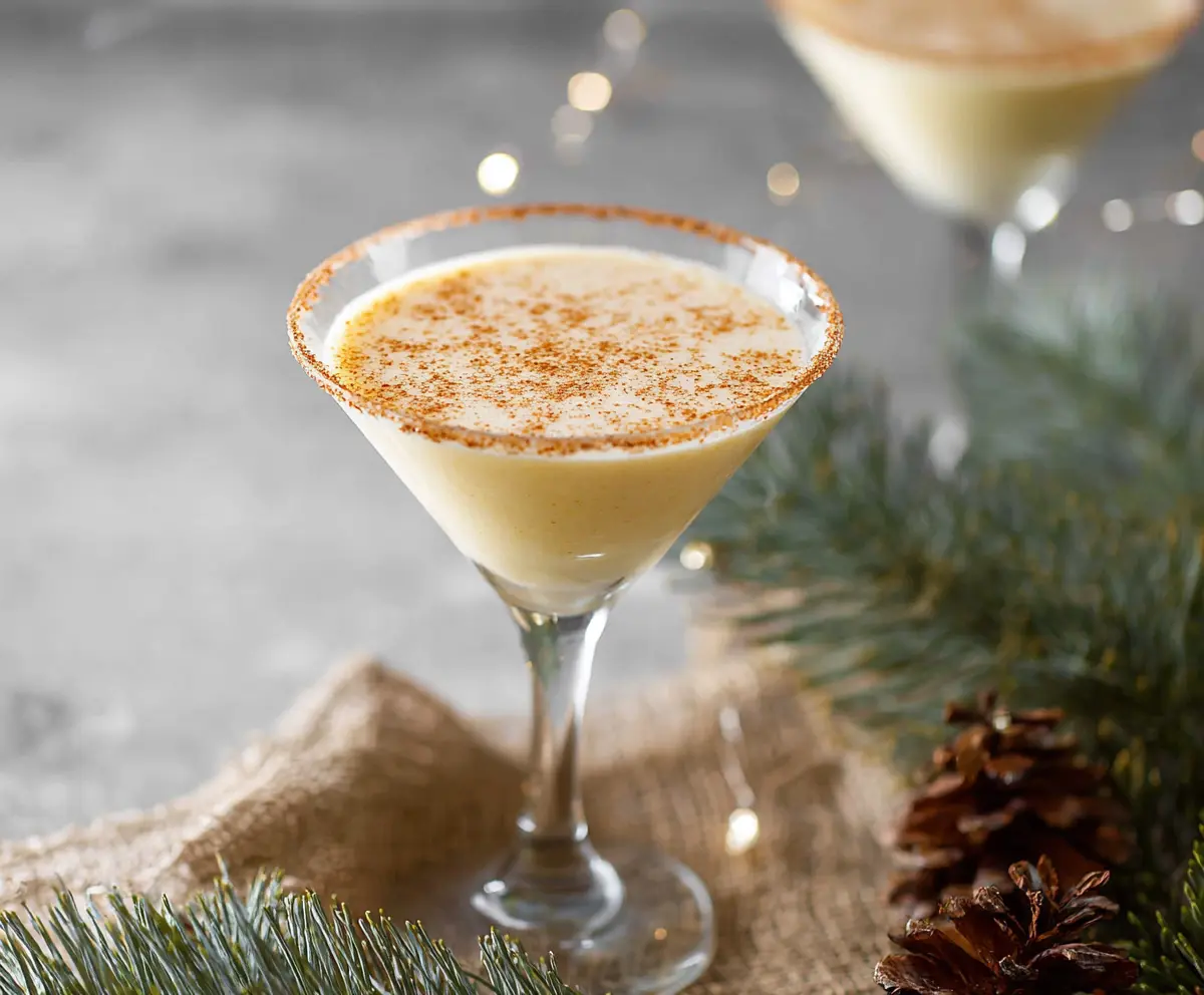 Creamy Eggnog Martini in a elegant glass garnished with nutmeg, perfect for holiday celebrations.