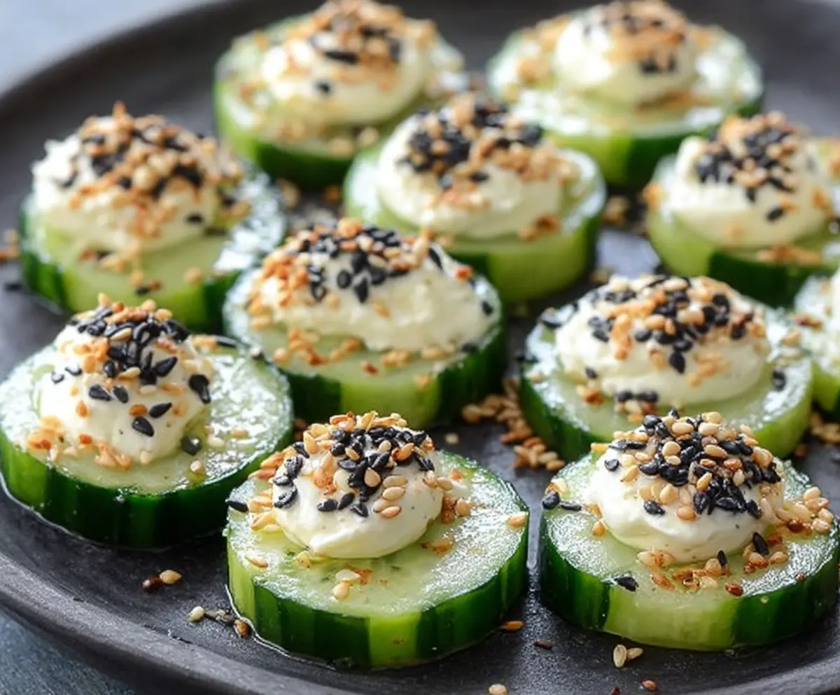 Delicious Everything Bagel Cucumber Bites with cream cheese and seasoning.