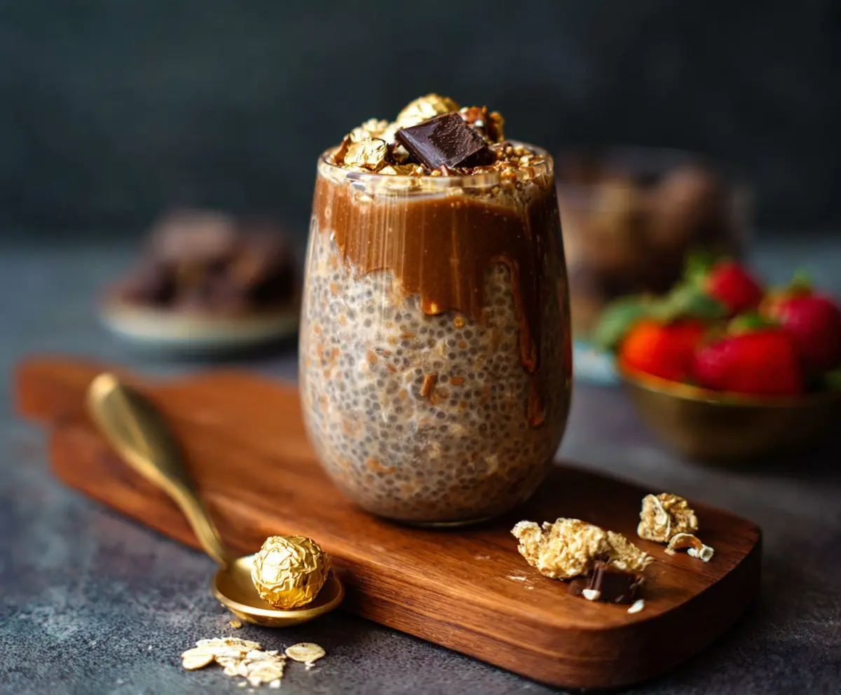 Creamy Ferrero Rocher overnight oats topped with chopped hazelnuts and chocolate shavings.