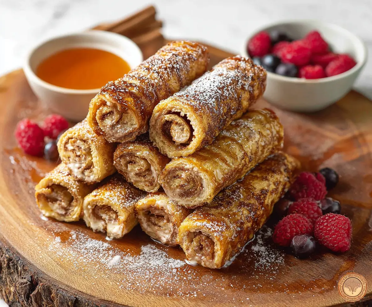 Delicious French Toast Roll Ups with crispy exterior and sweet filling on a plate.