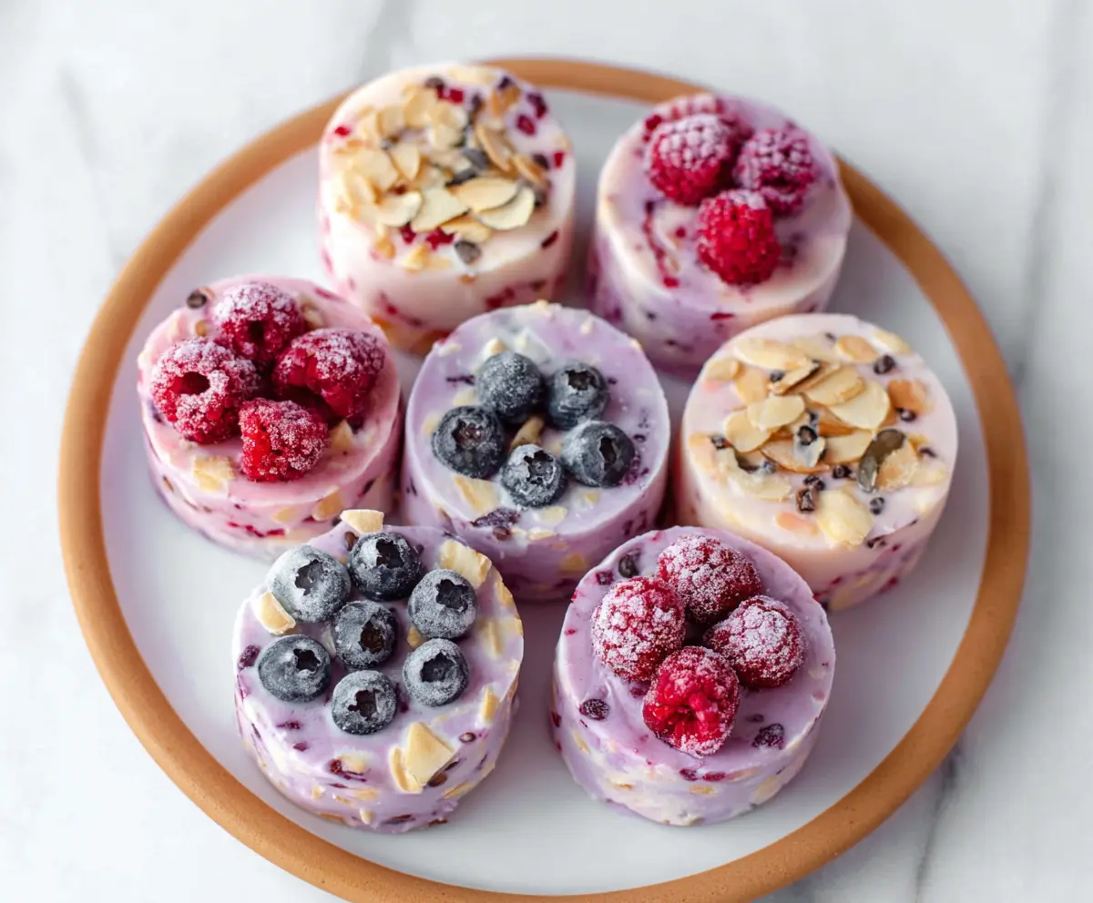 Healthy frozen Greek yogurt bites with blueberries and honey served as a nutritious snack.