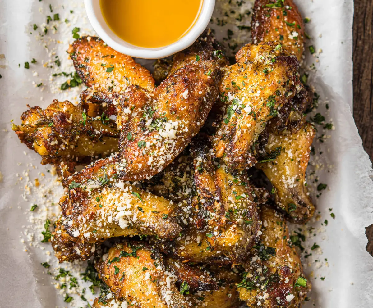 Delicious garlic Parmesan wings on a platter, garnished with fresh herbs, perfect for appetizer or party snacks.