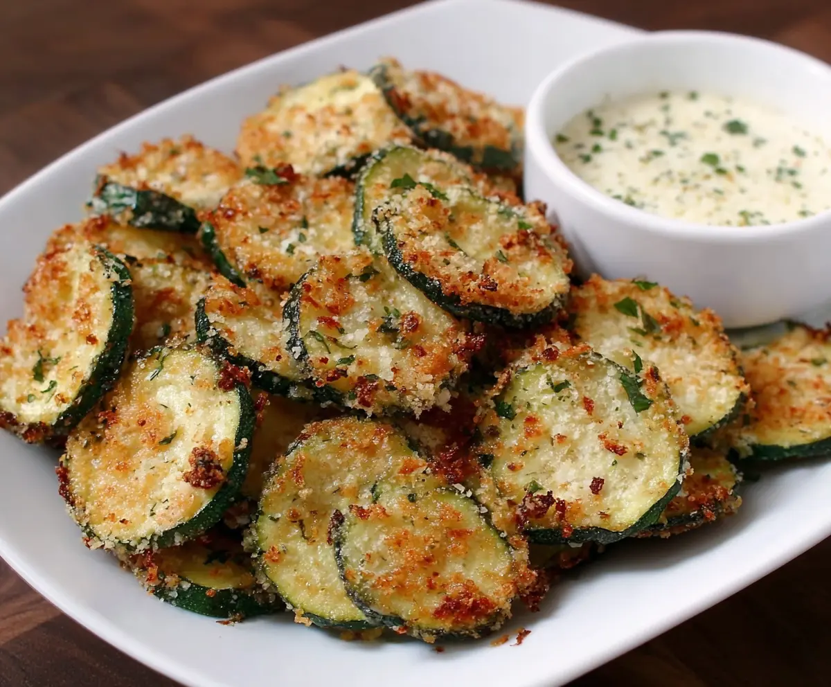 Crunchy Garlic Parmesan Zucchini Chips served as a healthy snack or appetizer.