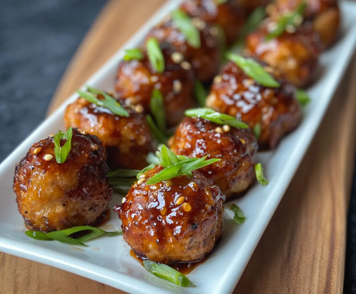 Close-up of crispy ginger glazed turkey meatball bites served on a white plate, garnished with fresh herbs.
