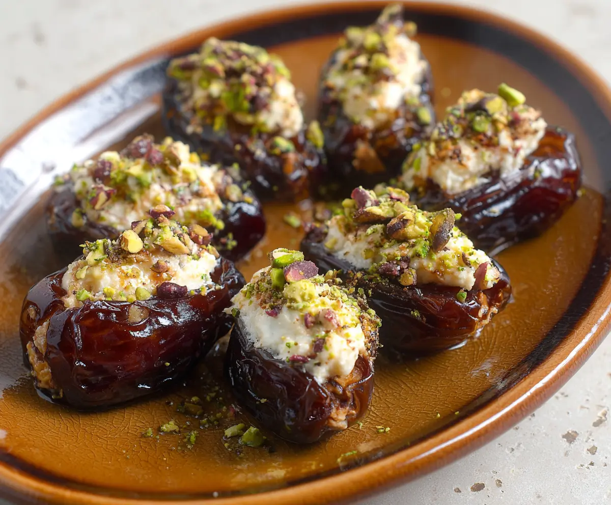 Delicious goat cheese stuffed dates garnished with herbs on a white plate