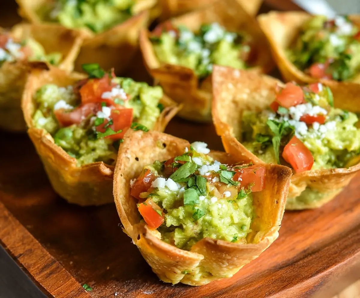 Delicious Guacamole Cups filled with creamy avocado and fresh toppings, perfect for snacking or parties.