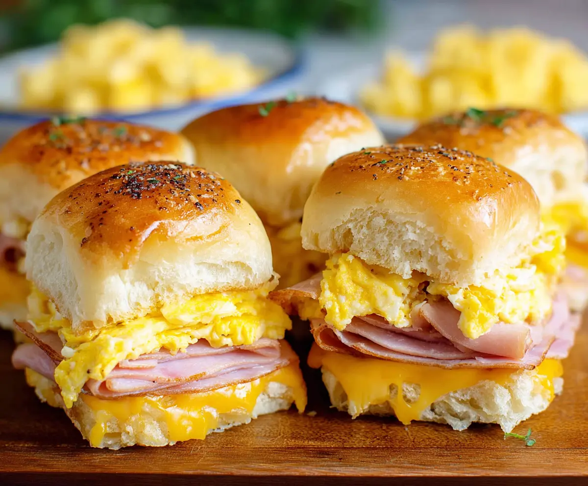 Delicious ham and cheese breakfast sliders served fresh out of the oven.