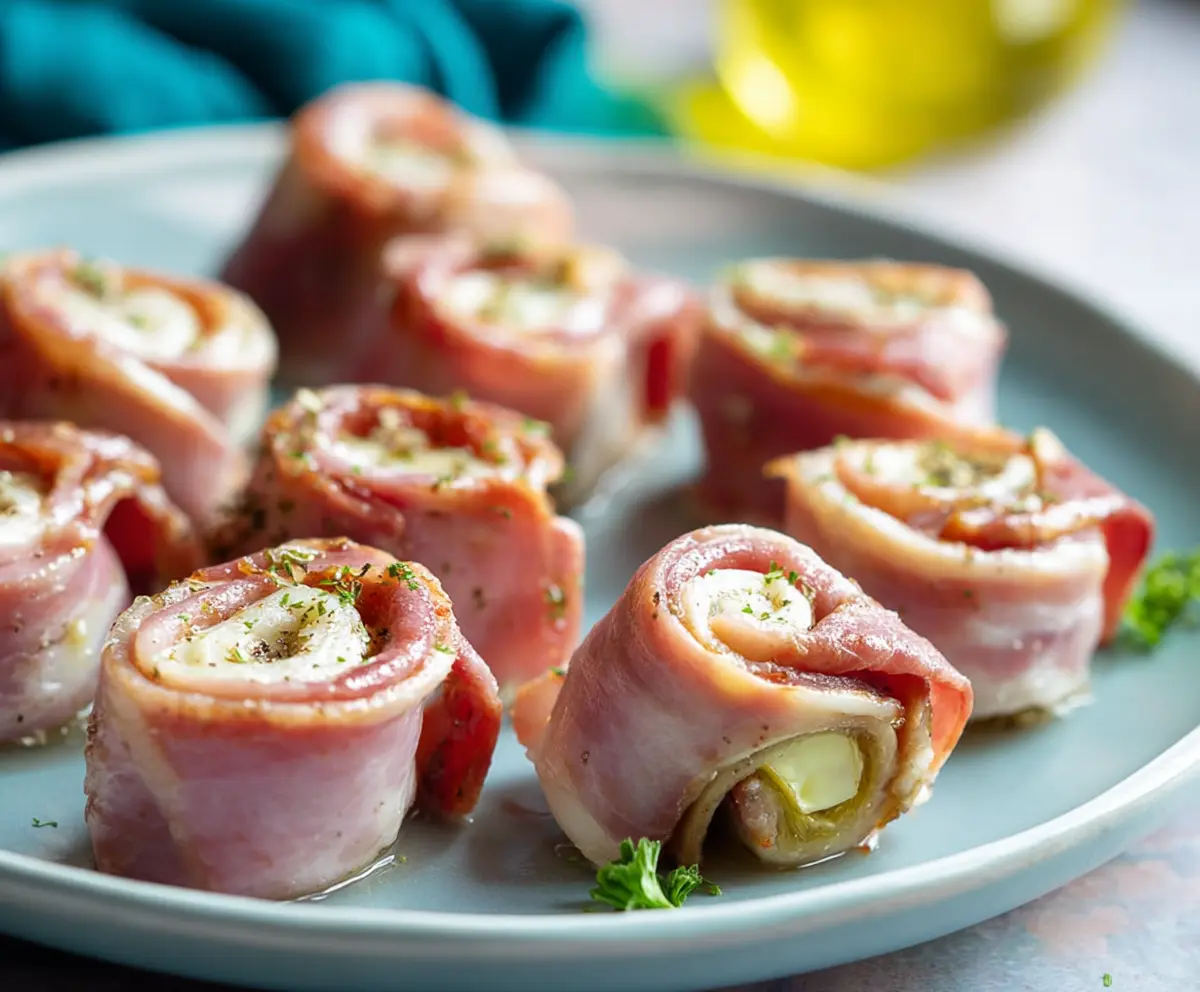 Delicious Ham Roll Ups with cheese and herbs ready to serve as an appetizer.