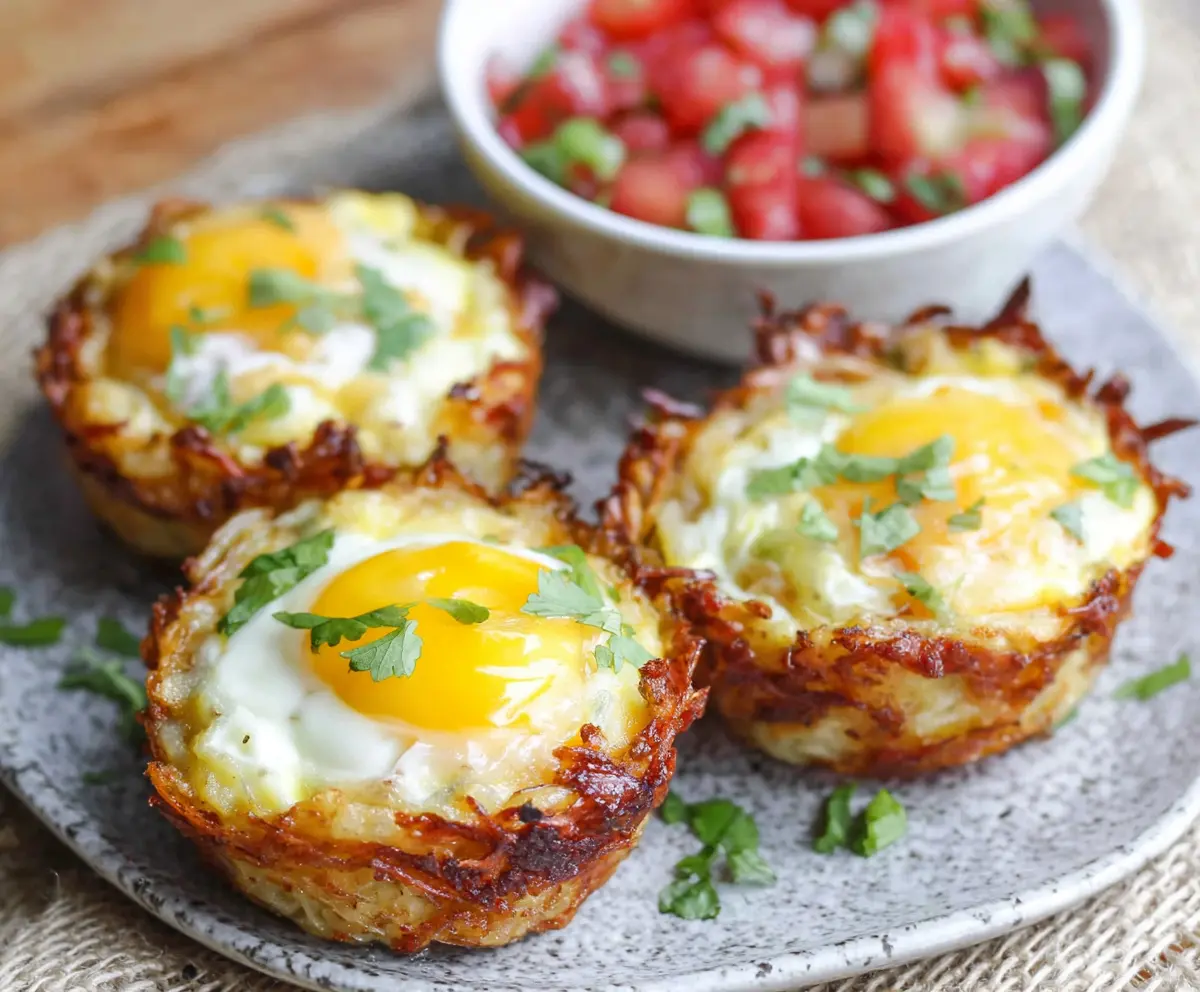 Delicious hash brown and egg cups served for breakfast, topped with fresh herbs.