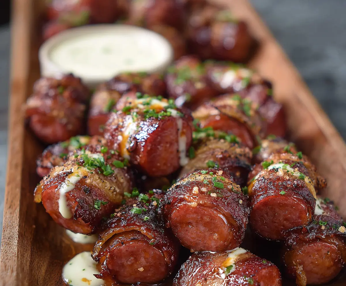 Delicious Hasselback Kielbasa Bites served on a platter with dipping sauces