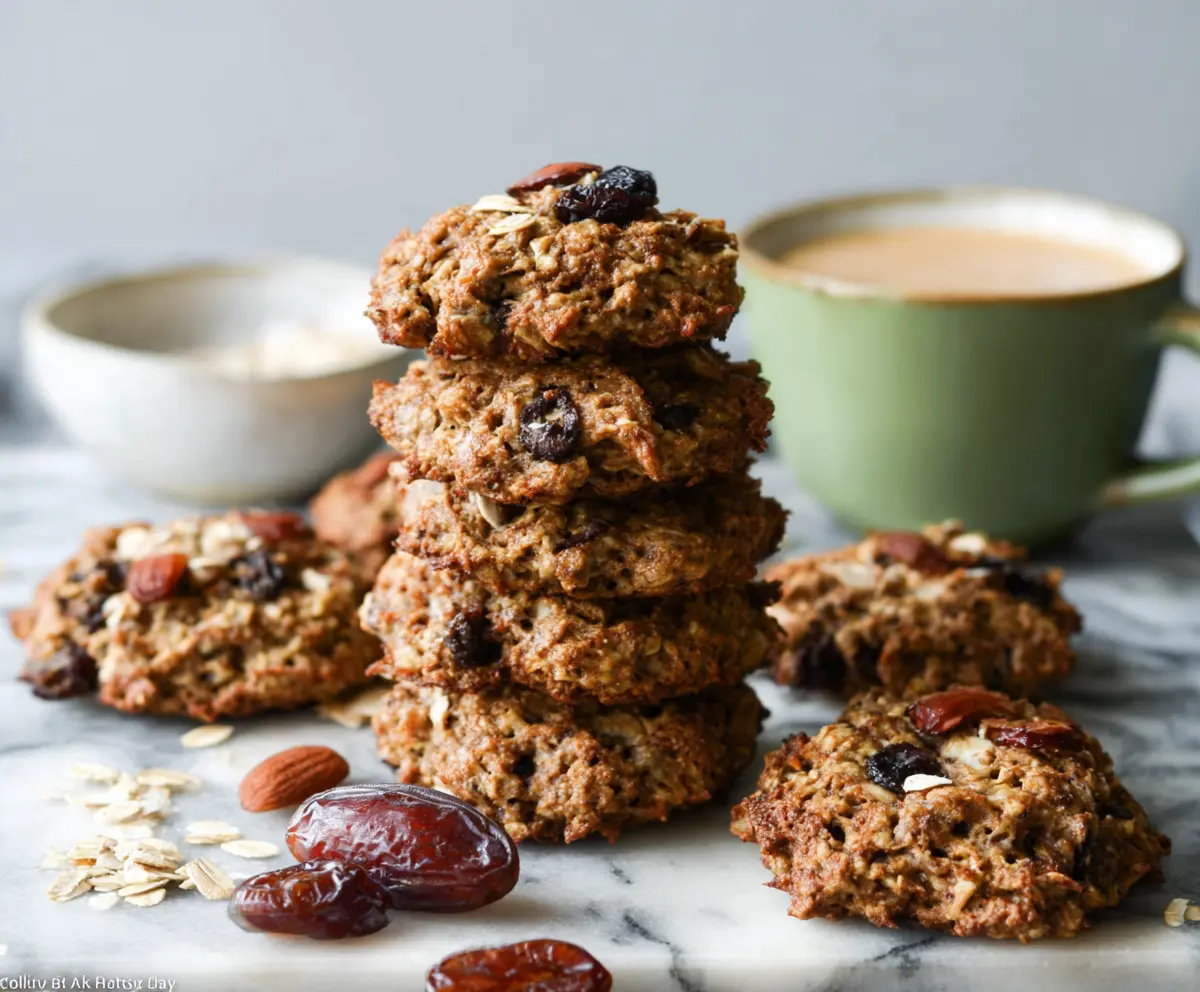 Delicious and healthy breakfast cookies with oats, nuts, and dried fruits on a plate.