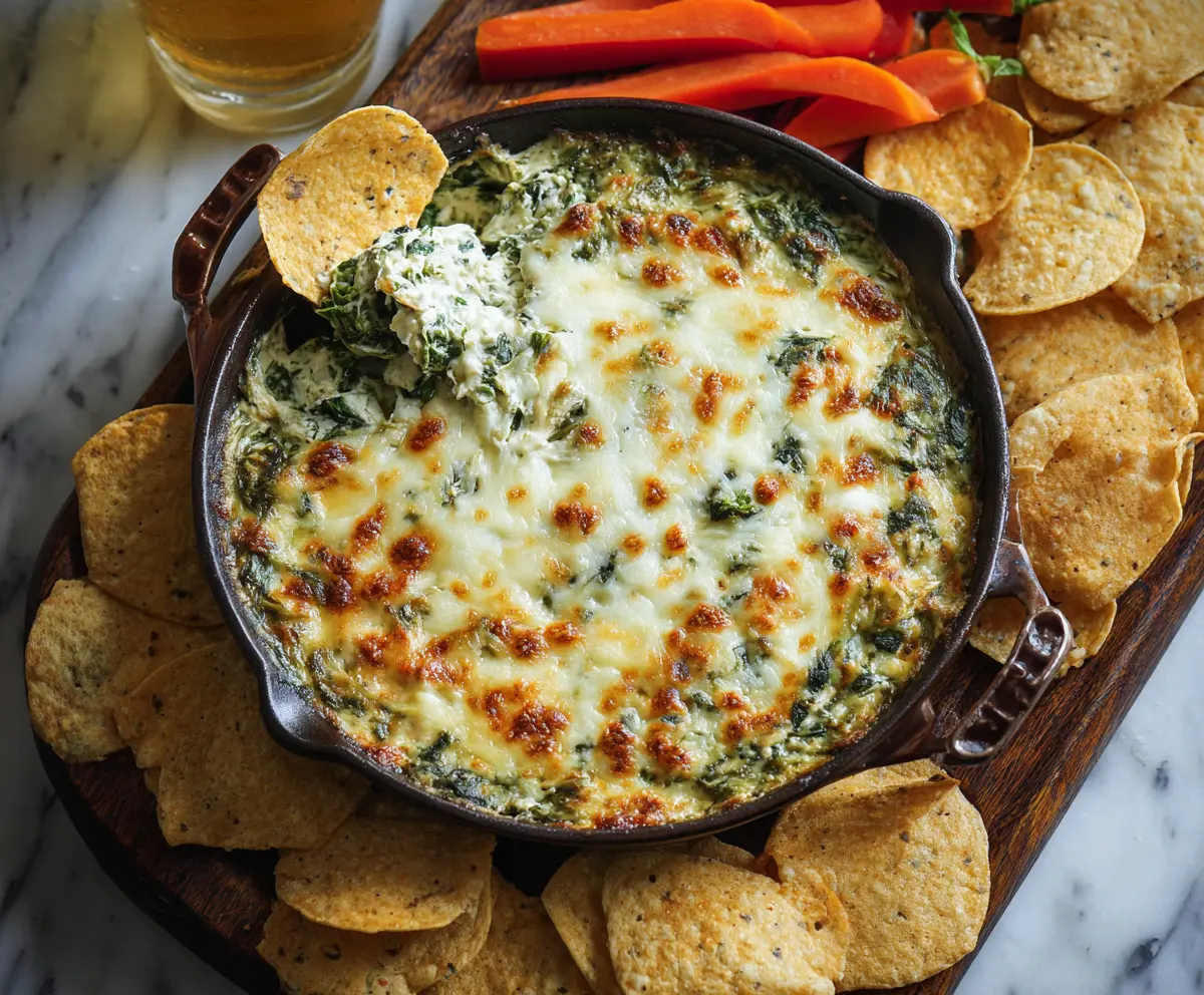 Creamy hot spinach artichoke dip served in a bowl with bread slices.