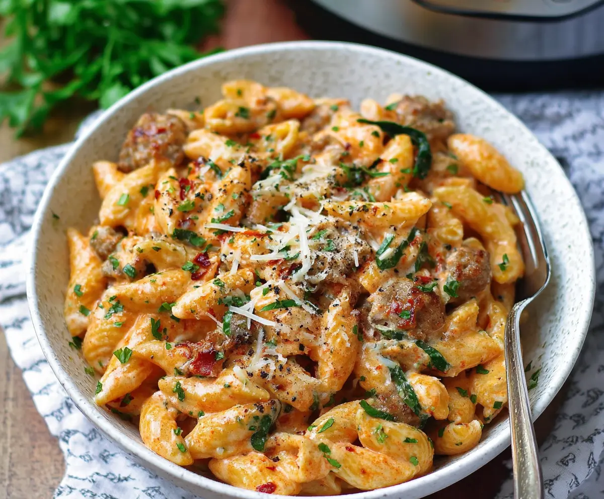Delicious creamy sausage pasta cooked in an Instant Pot, topped with fresh herbs.