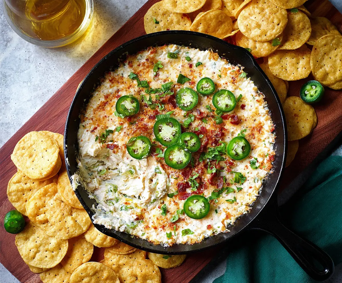 Creamy Jalapeno Popper Protein Dip with melted cheese and fresh jalapenos in a white bowl.