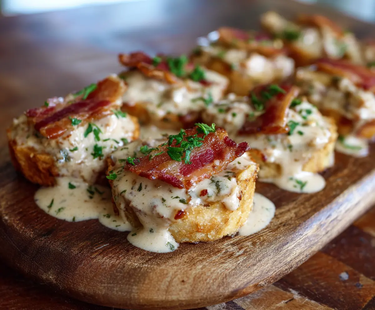 Delicious Kentucky Hot Brown Bites featuring turkey, bacon, and creamy cheese sauce, perfect for appetizer or snack.
