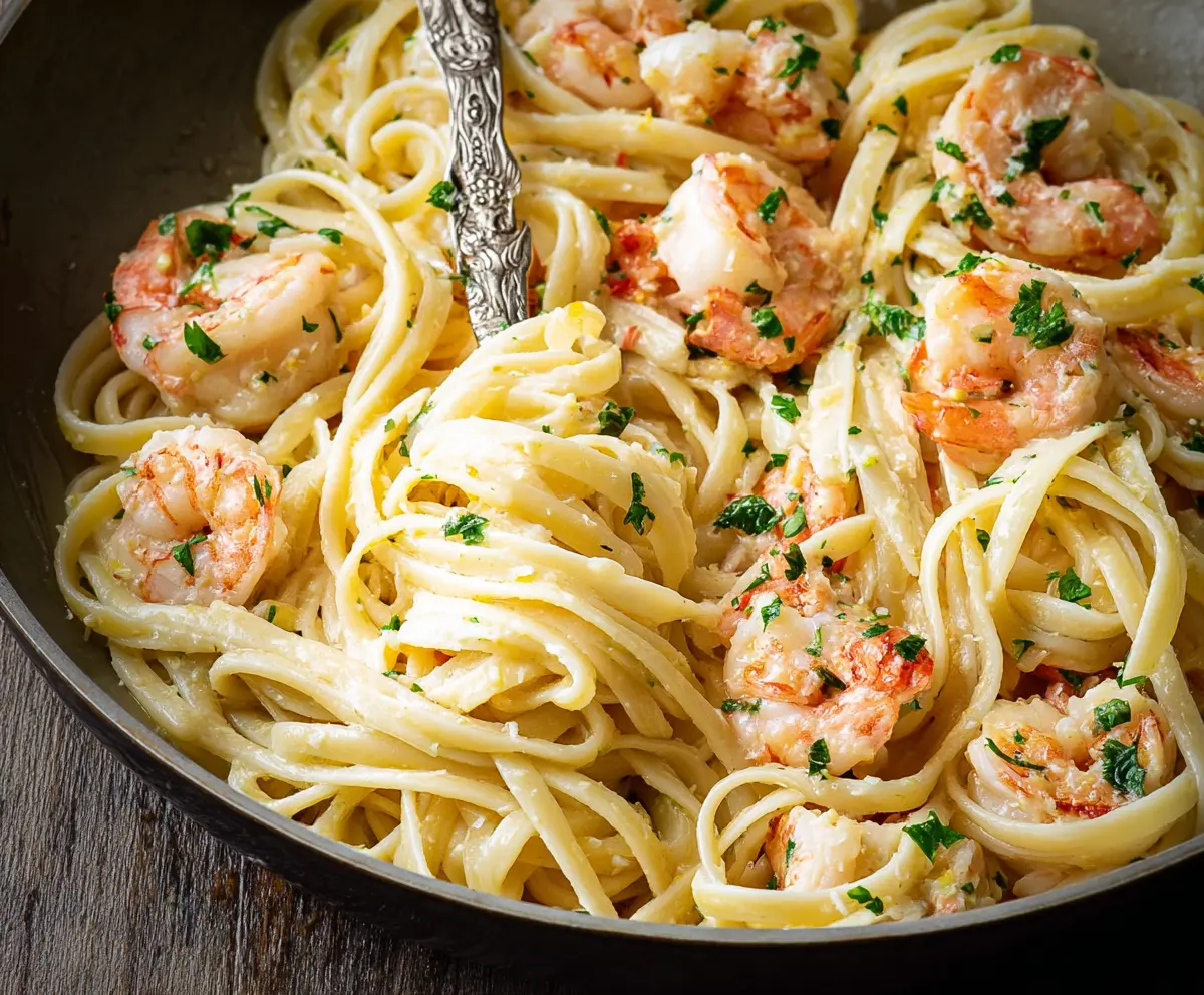 Delicious linguine shrimp scampi dish with garlic and herbs on a white plate