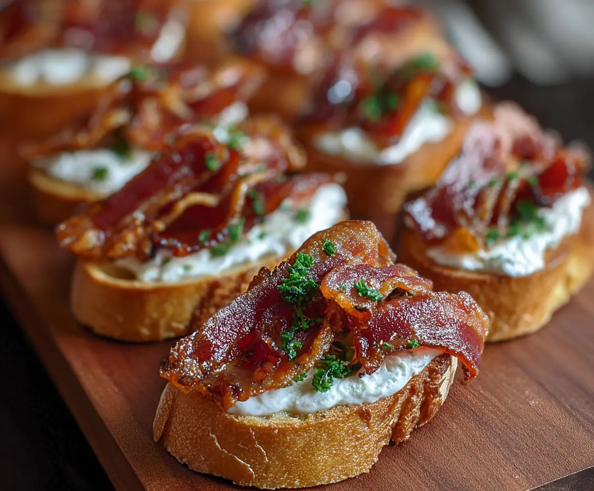 Delicious Million Dollar Bacon Crostini topped with crispy bacon and melted cheese on toasted baguette slices.