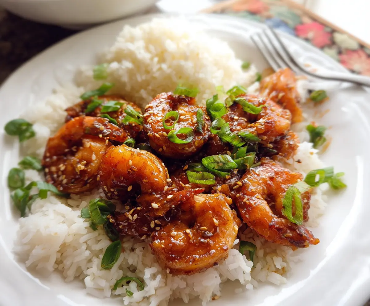 Delicious Mongolian Shrimp stir-fry with vibrant vegetables and savory sauce on a white plate.