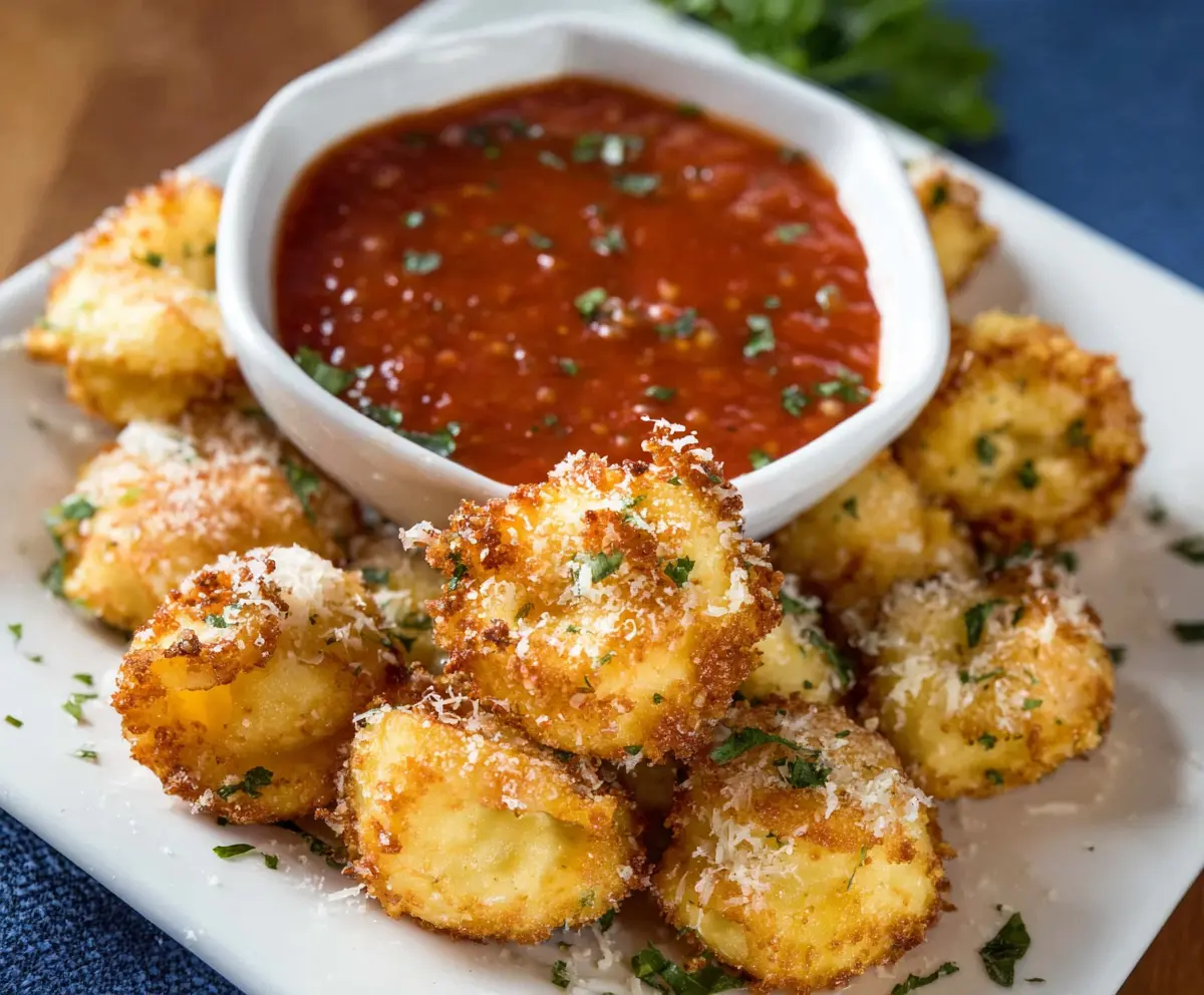 Golden Parmesan crusted tortellini bites served with fresh herbs on a white plate.