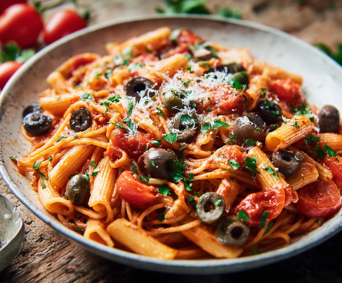 A delicious plate of Pasta Puttanesca featuring spaghetti topped with olives, capers, and ripe tomatoes.