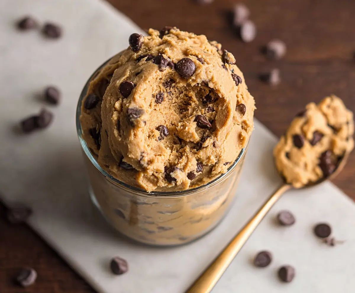 Healthy Peanut Butter Chickpea Protein Cookie Dough close-up showing smooth texture and chocolate chips