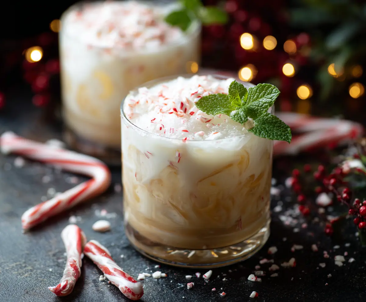 A refreshing Peppermint White Russian cocktail in a glass garnished with peppermint candies.