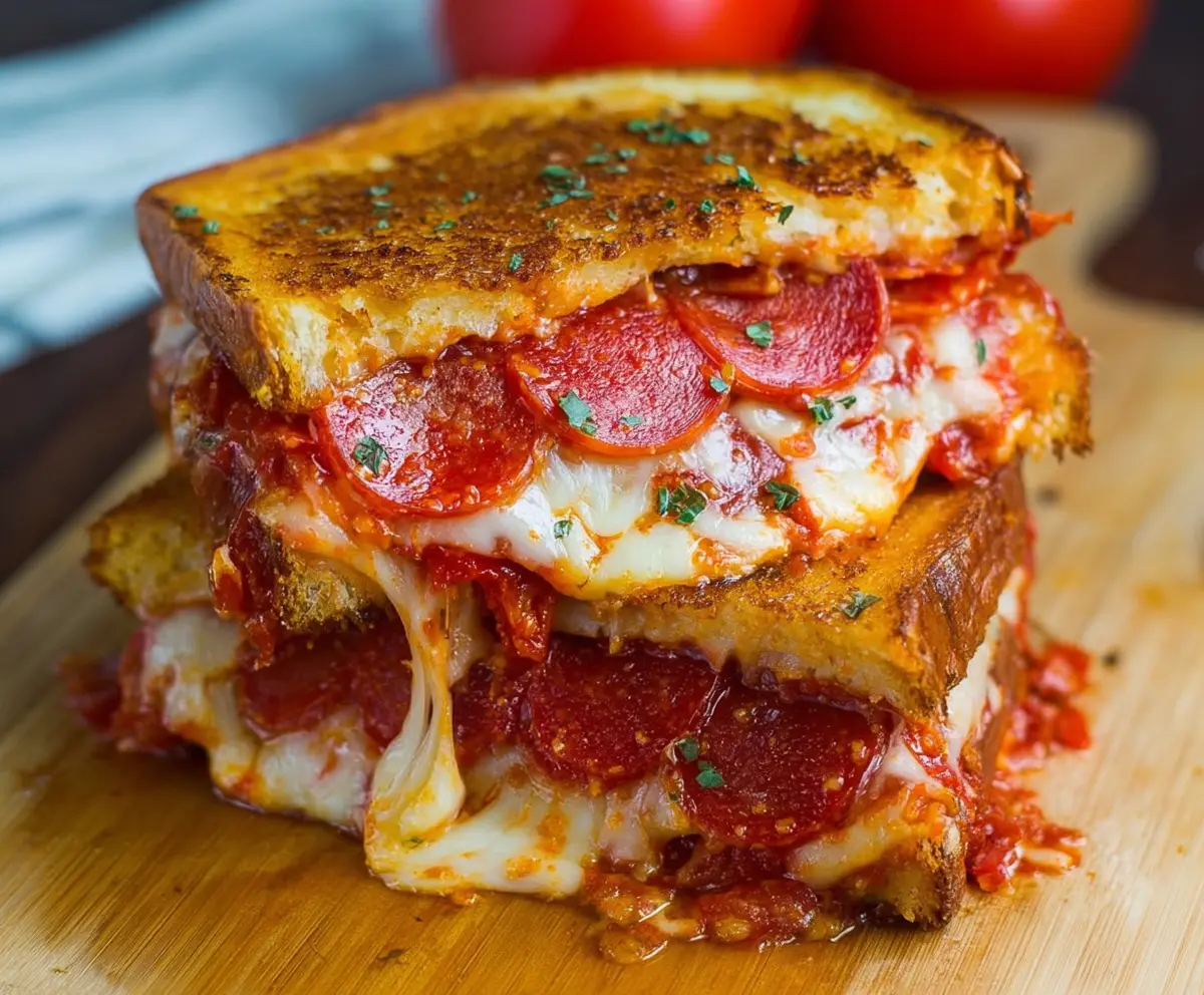 Delicious homemade pepperoni pizza grilled cheese sandwich with melted cheese and crispy crust.