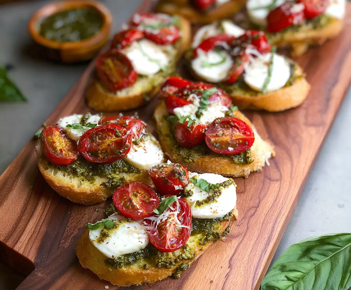 Delicious pesto tomato mozzarella crostini garnished with fresh basil on a rustic wooden board