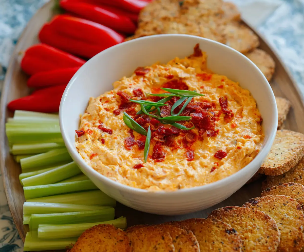 Creamy Pimento Cheese Dip served with fresh vegetables and crackers, perfect for parties