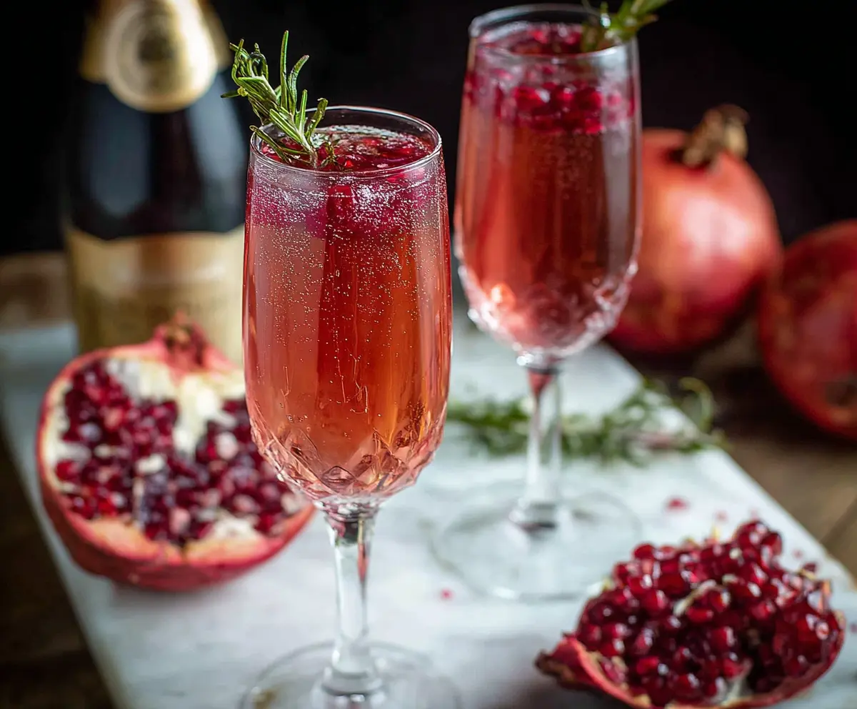 Refreshing Pomegranate Prosecco Cocktail in a elegant glass garnished with pomegranate seeds and mint.
