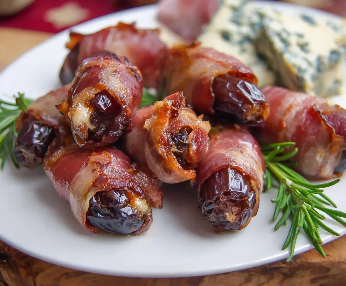 Delicious prosciutto-wrapped dates served as an appetizer, showcasing a perfect blend of salty and sweet flavors.
