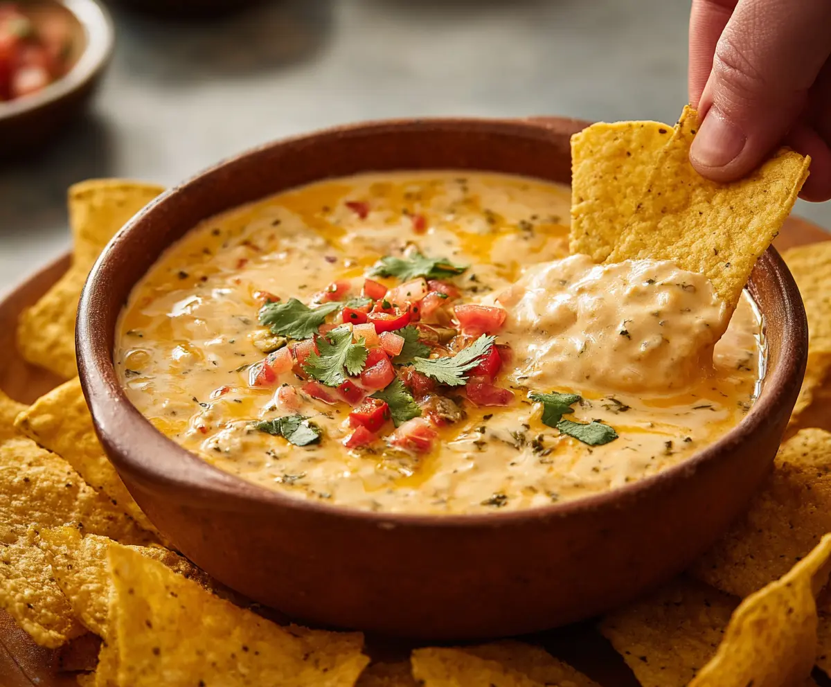 Creamy queso dip served with tortilla chips, perfect for parties and snacking.