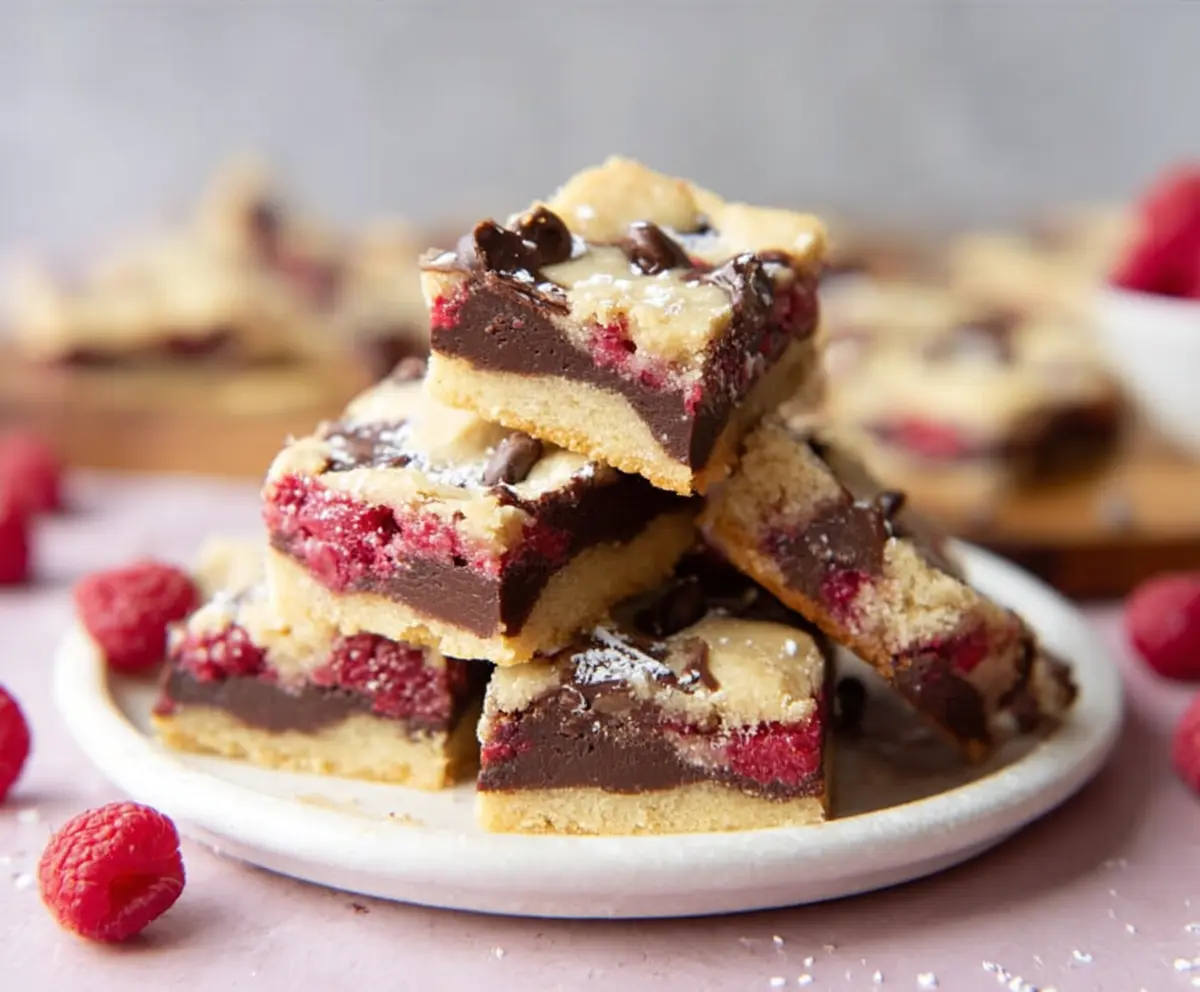 Delicious raspberry chocolate chip shortbread bars with fresh raspberries and melting chocolate chips.