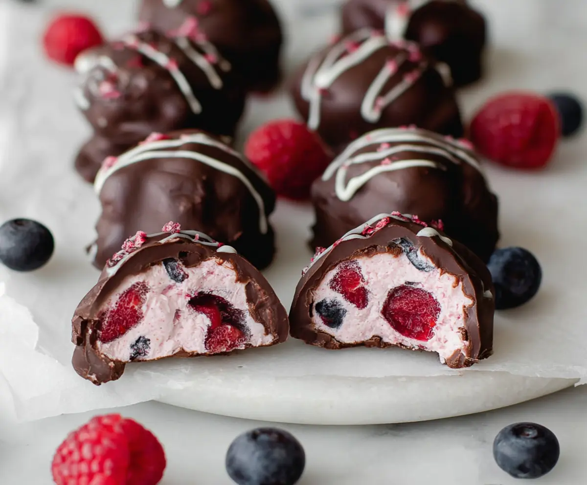 Close-up of Raspberry Dark Chocolate Yogurt Bites on a white plate, showcasing their glossy dark chocolate coating with fresh raspberries.