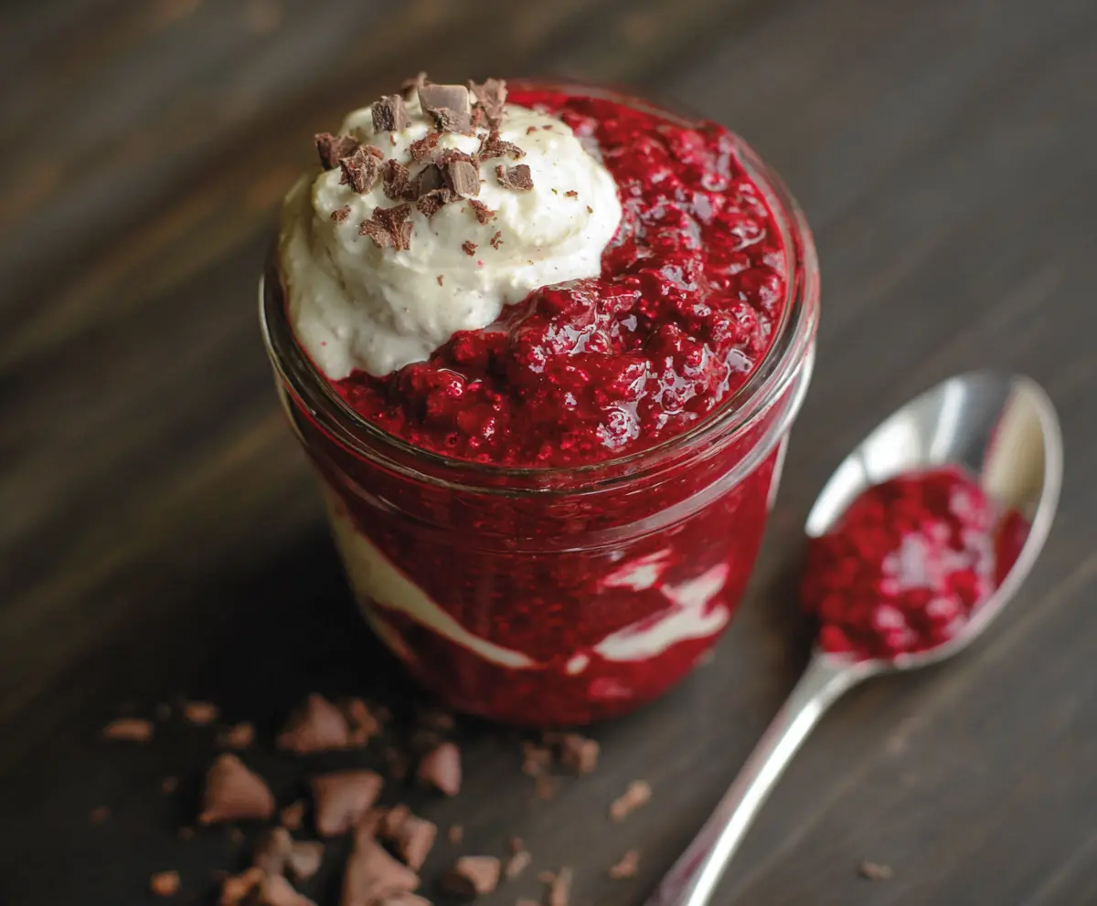 Creamy red velvet overnight oats in a glass jar with fresh berries and whipped cream.