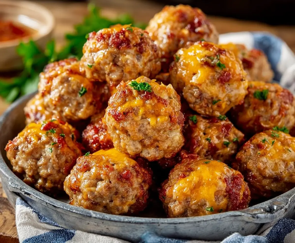 Delicious sausage balls with cheese and herbs, perfect for appetizers or snacks.