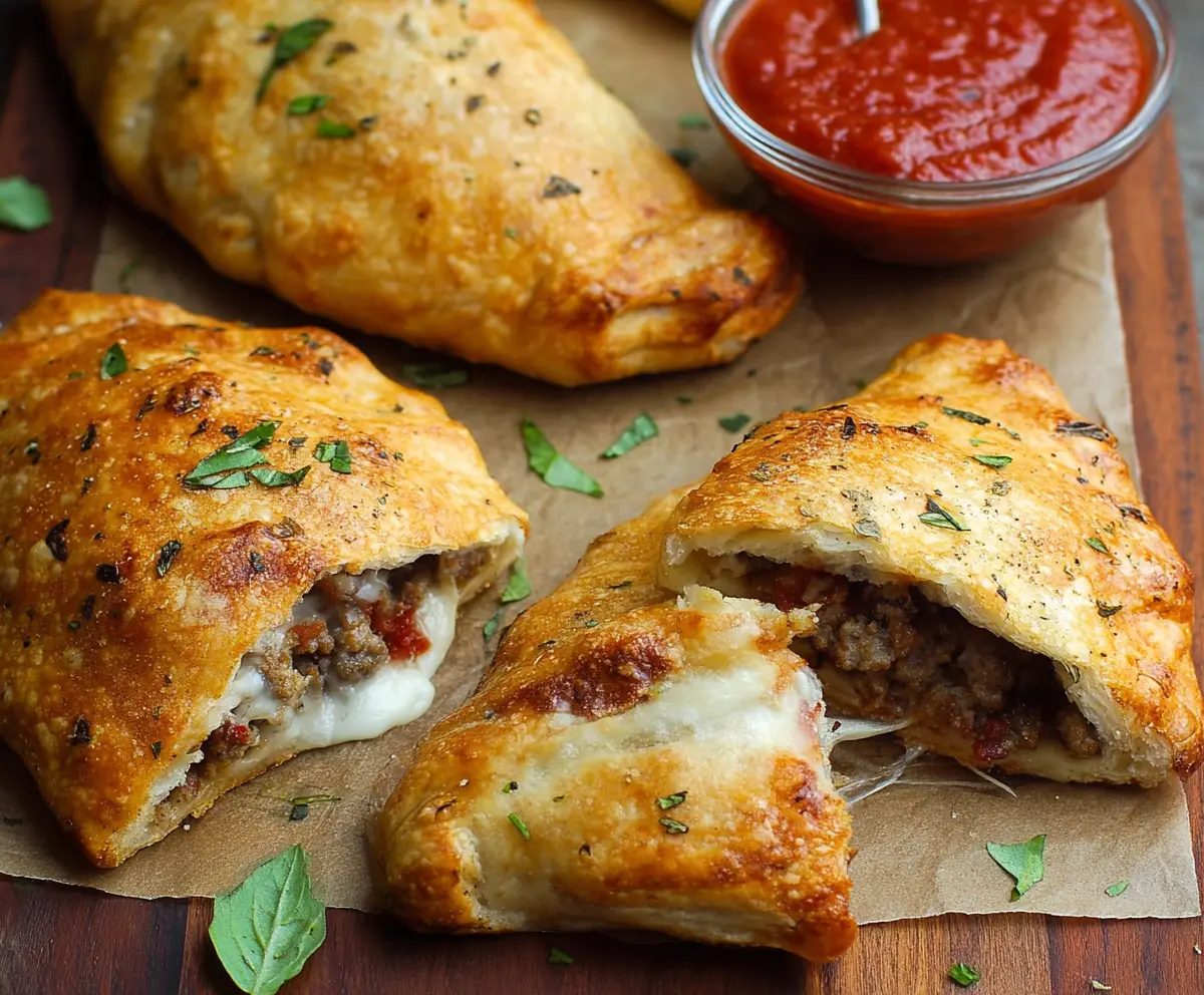 Delicious sausage calzones oven-baked to golden perfection with melted cheese and crispy crust.
